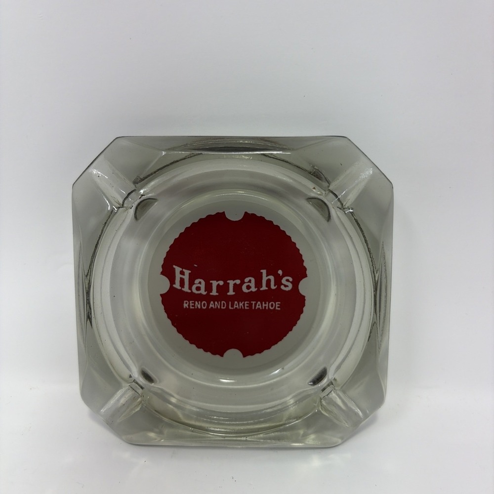 Harrah's Reno Lake Tahoe Casino Ashtray Clear Glass 3.5 in Vintage Memorabilia